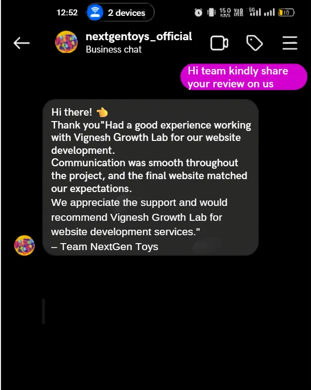 WhatsApp review from Team NextGen Toys recommending Vignesh Growth Lab for website development